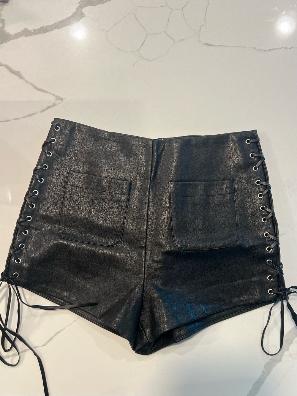 12th Tribe Black High-Waist Lace-Up Faux Leather Shorts